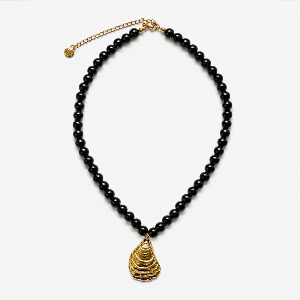 Gold Shell Pendant Necklace with Black Beads - Women Jewelry